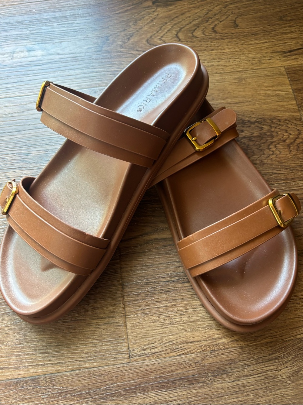 Primark Tan Double-Strap Slide Sandals with Gold Buckles. Size 10/41 new